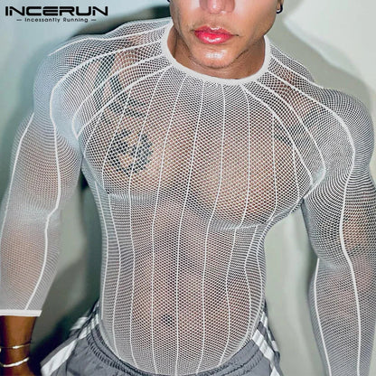 Party Nightclub Style Tops INCERUN Men's See-through Thin Design T-shirts Sexy Leisure Male Hot Sale Long Sleeved Camiseta S-3XL