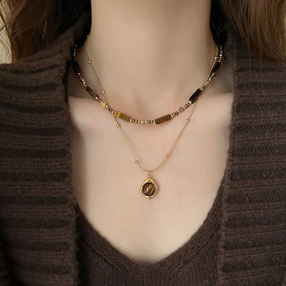 Retro Temperament Layered Tiger Eye Stone Pendant Necklace For Women Stainless Steel Double-Layer Collarbone Chain Sets Jewelry