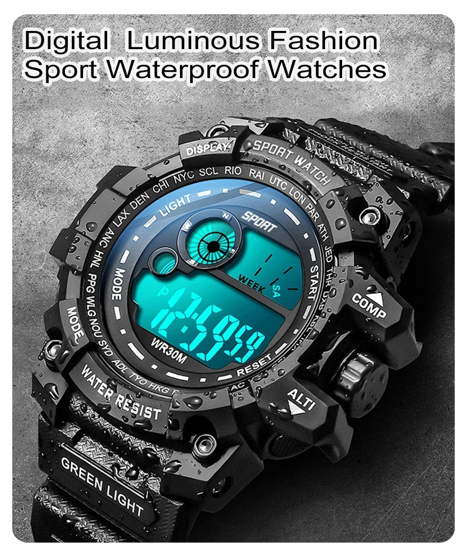 Men LED Digital Watch – Luminous Waterproof Sport Military Wristwatch