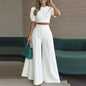 Women Elegant Solid Two Piece Sets Summer Short Sleeve Button-down Crop Blouse Top High Waist Wide-leg Pants Set Casual Outfits
