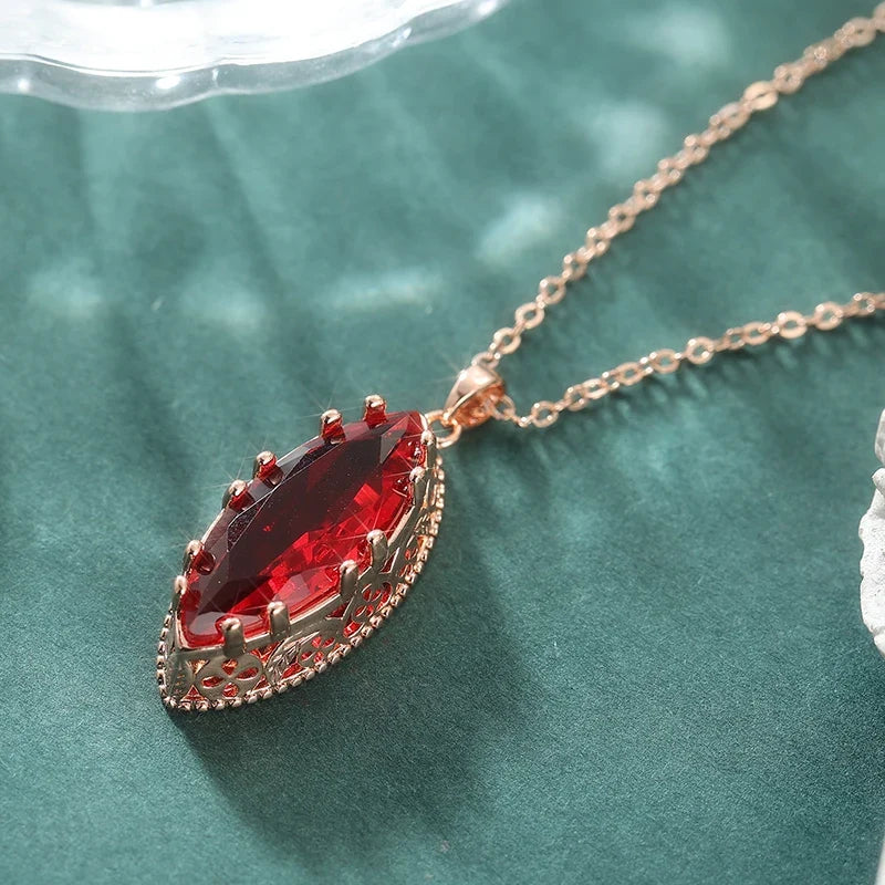 Elegant Luxury Leaf Shape Red Synthetic Zirconia Dangle Necklace for Women Fashion Charm Rose Golden Banquet Anniversary Jewelry