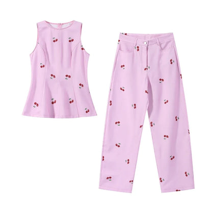 Casual Printed Women's Top Trouser Suits Sleeveless O-Neck Wide Leg