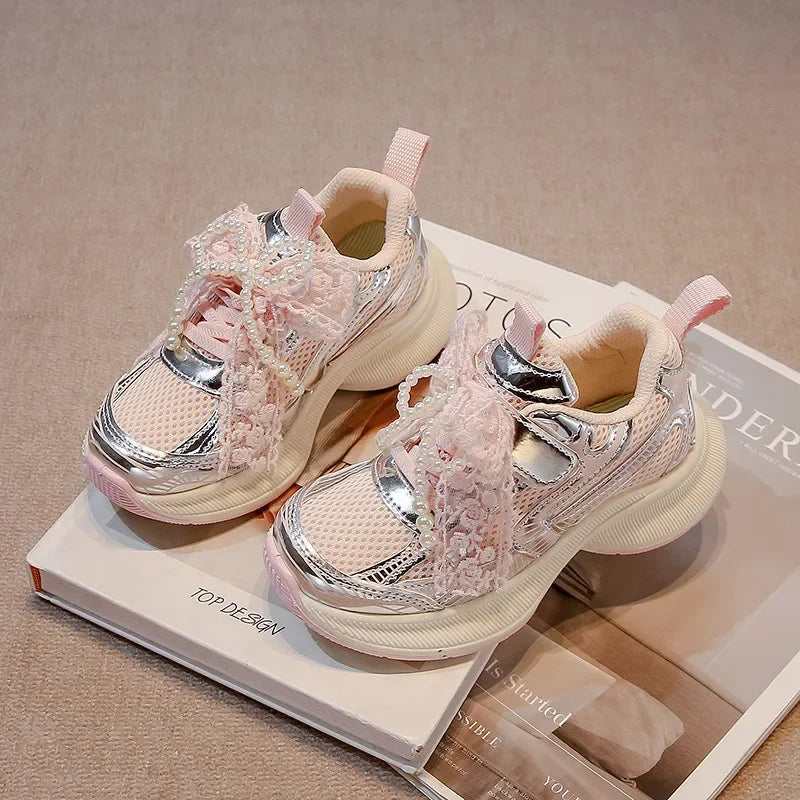 Girls Sports Shoes Princess Style Children Sneakers Thick Soft Sole 2025 New Fashion Kids Running Shoes Mesh Bows Sweet Cute