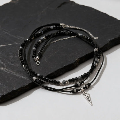 Rock Punk Layering Necklace for Men,Casual Multi Layer Black Leather Necklace,Waterproof Small Geometric Pendant Gift
