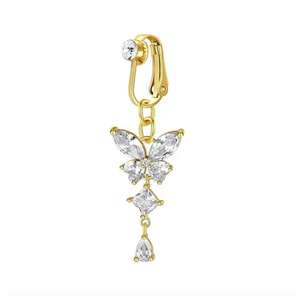 Clip On Belly Button Ring Butterfly Copper Zircon Pink Fake Belly Piercing Umbilical Navel Body Jewelry Trendy Fashion Style
