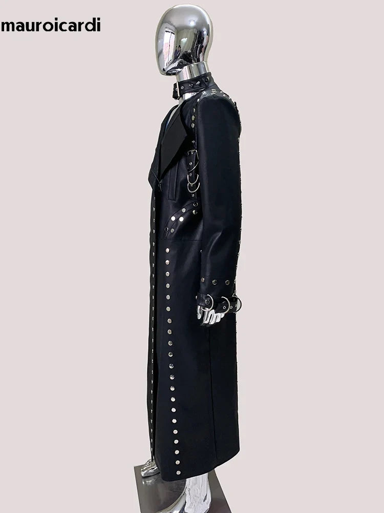 Men’s Luxury Black PU Leather Trench Coat – Rivet Punk Designer Jacket | Longline Streetwear Overcoat (Spring/Fall)