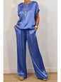 2-Piece Set Fashion Satin O Neck T-Shirt Top Trousers Summer Retro