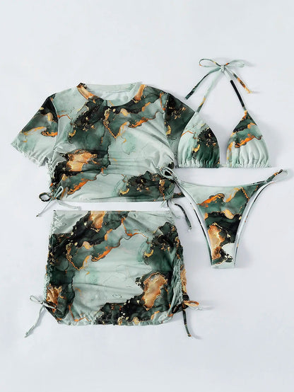 Marble Print 4-Piece Halter Bikini Set
