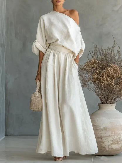 Elegant Two-Piece Short Sleeve Top & Casual Pants Set Woman Sexy Slash