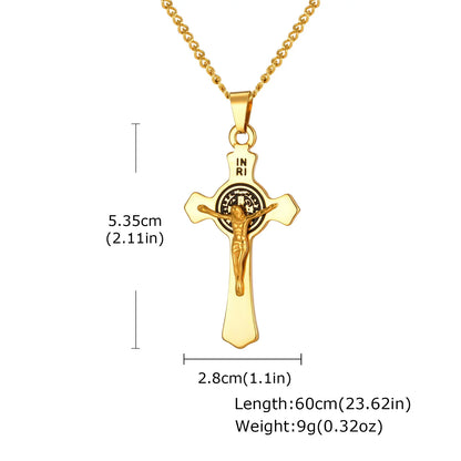 Stainless Steel Cross Necklace Catholicism Jesus Pendant Gold Color Collar Church Prayer Faith Jewelry for Men Women Gift