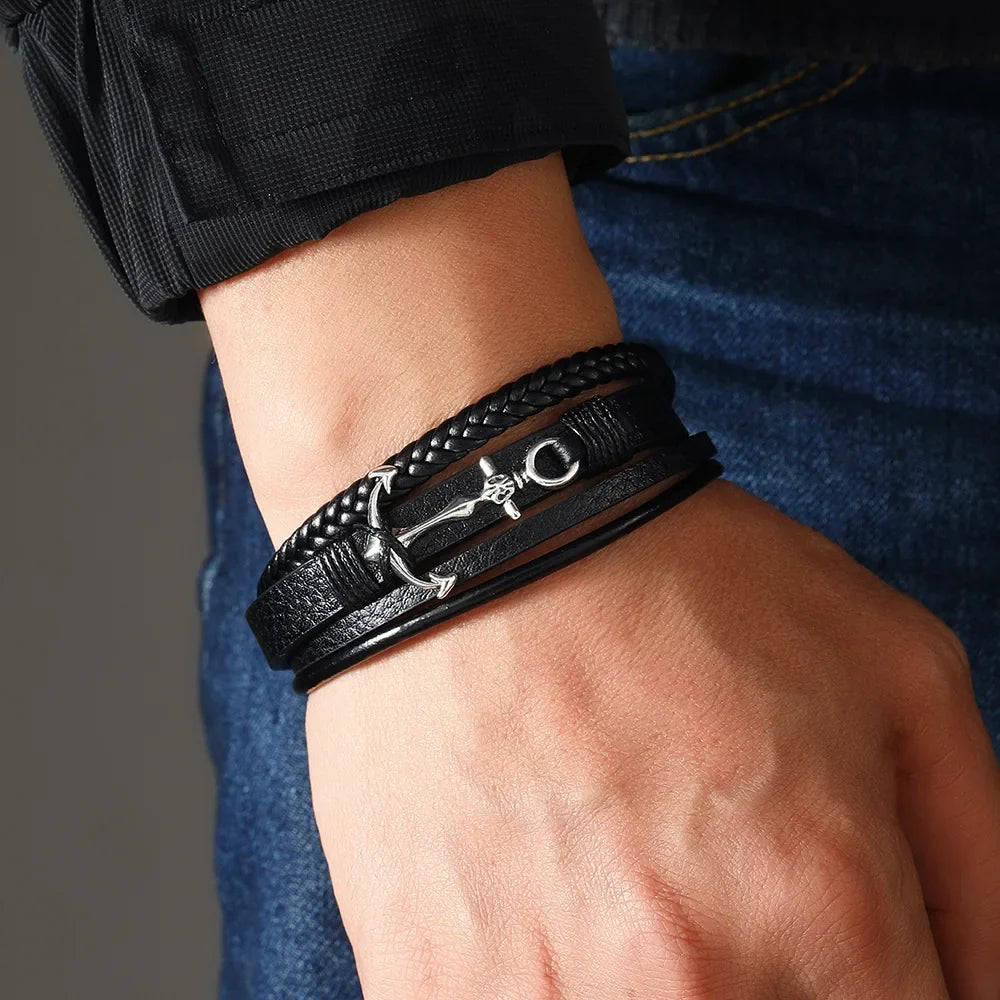 Leather Bracelet For Men Alloy Anchor Leather Bracelet Simple Style, Multi-layer Hand-made Leather Men's Magnet Buckle