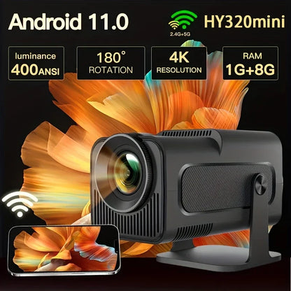 Smart Portable Projector Featuring Native 720P Resolution, Android 11 OS, Wi-Fi 6 And Bluetooth 5.4 Support, 180° Rotation, And Built-in Netflix And YouTube Apps.