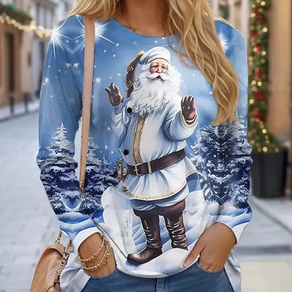 Women Sweatshirt Designer Round Neck Long Sleeve Fashion Casual Santa Claus Red New Year Graphic Print Tops
