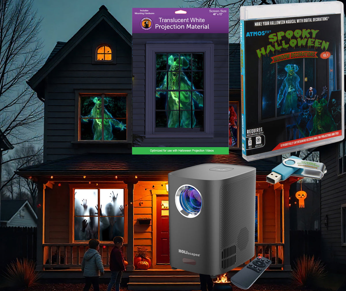 HoliScapes® USB Projector Kit - Spooky Halloween + Projector + 48" x 72" Projection Screen