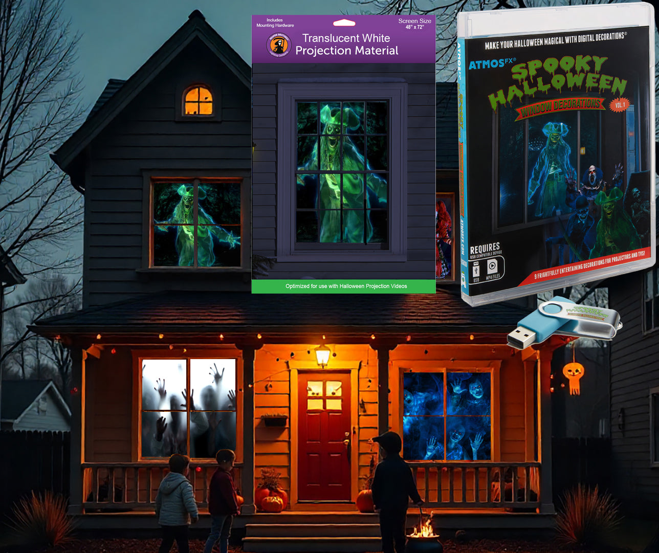 AtmosFX Halloween Digital Decoration USB - Spooky Halloween + 48" x 72" Projection Screen