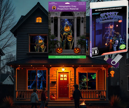 AtmosFX Halloween Digital Decoration USB - Spooky Halloween Hollusion Vol. 2 + 5.5 ft x 9 ft Projection Screen