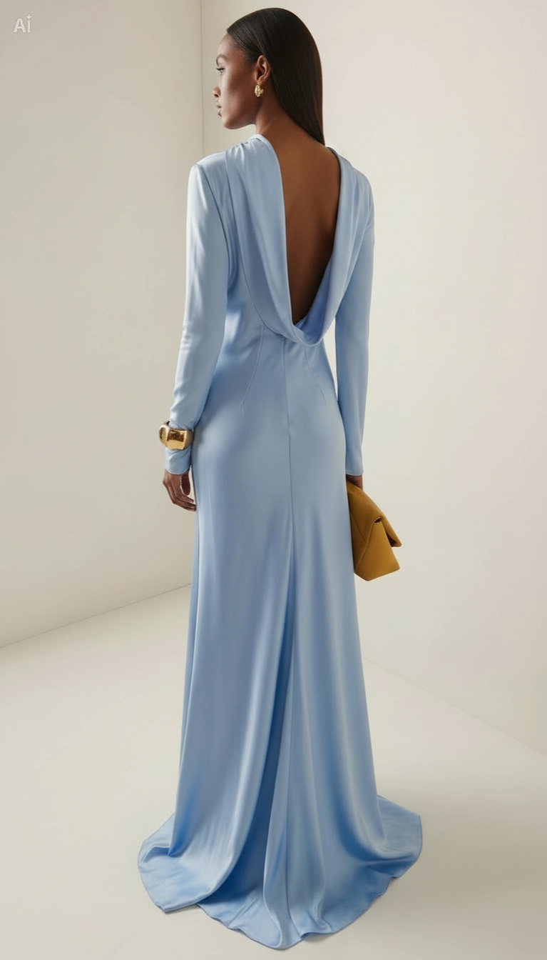Satin Sky Blue Open-Back Long-Sleeved Maxi Dress for Elegant Evening Wear