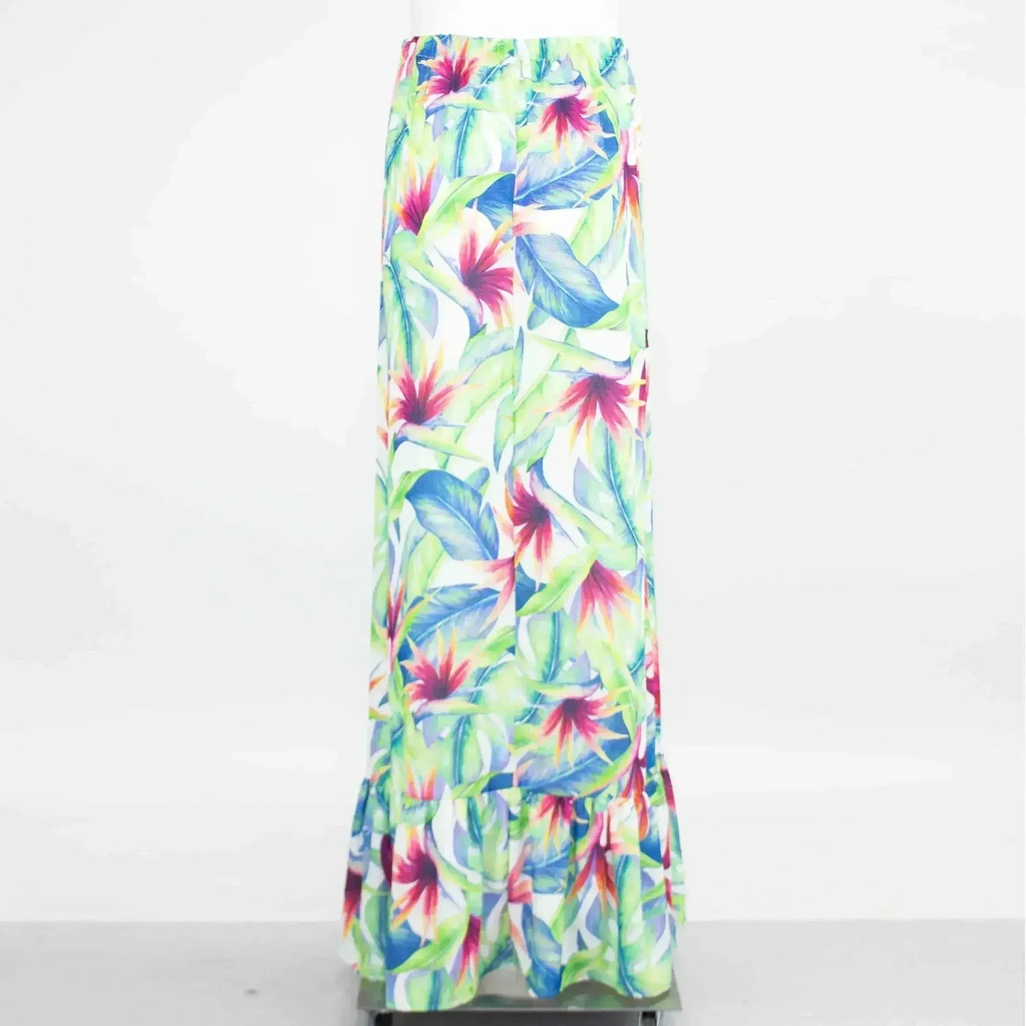 Tropical Print Maxi Skirt – Flared Silhouette & Elastic Waist