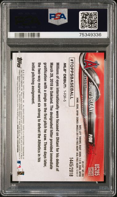 Graded 2018 Topps Update Gold Shohei Ohtani #US285 /2018 Rookie RC Baseball Card PSA 9 Mint