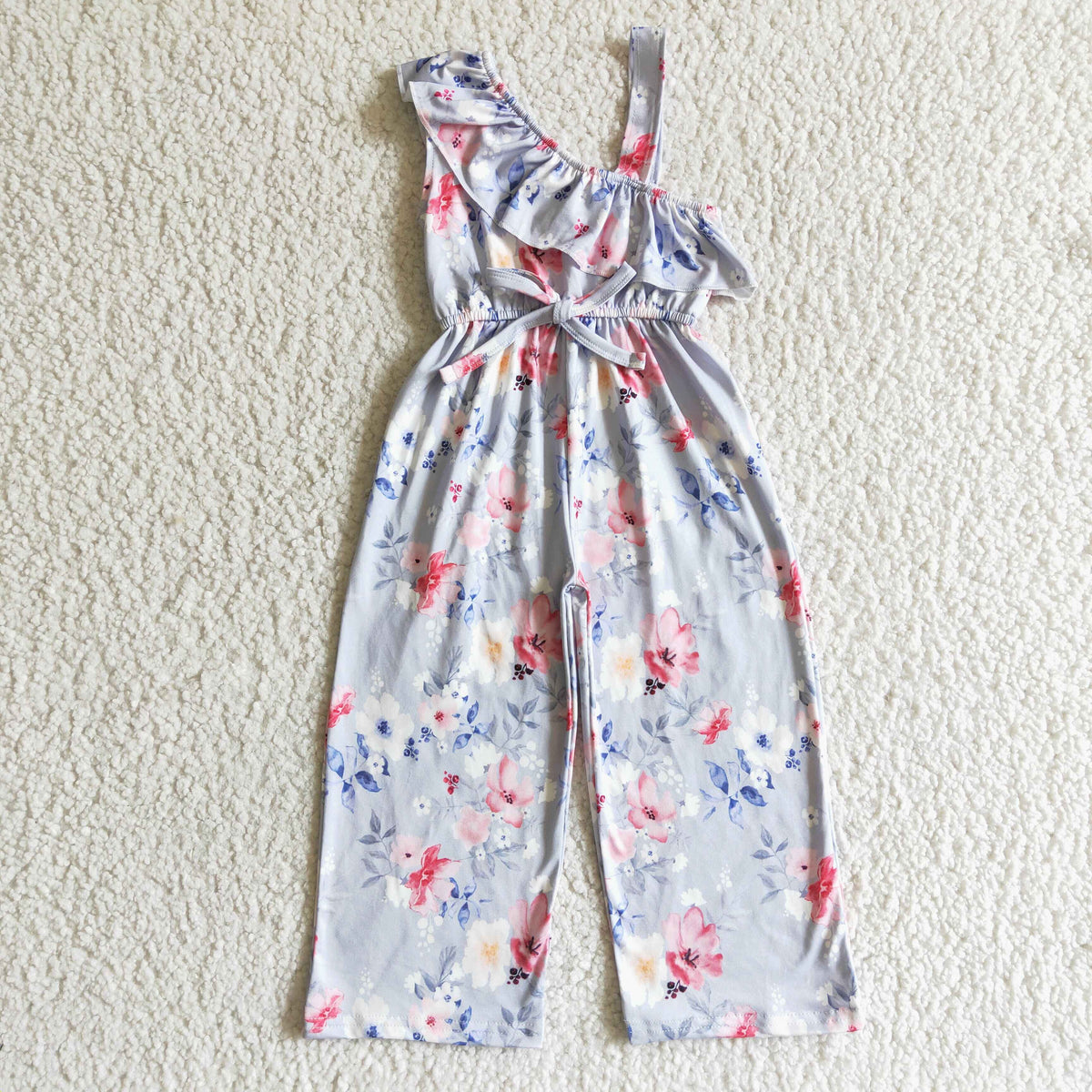 Floral one off shoulder ruffle pants baby girls jumpsuit