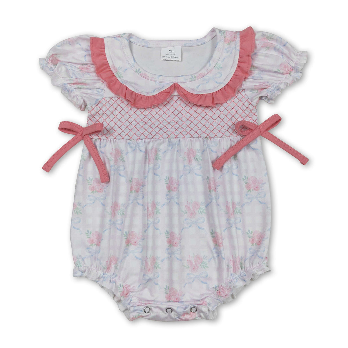 Short sleeves floral bow plaid baby girls summer romper