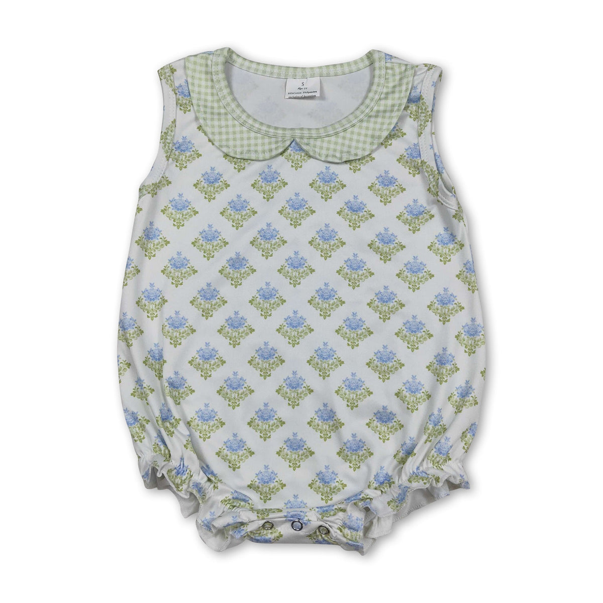 Sleeveless green light blue floral baby girls summer romper