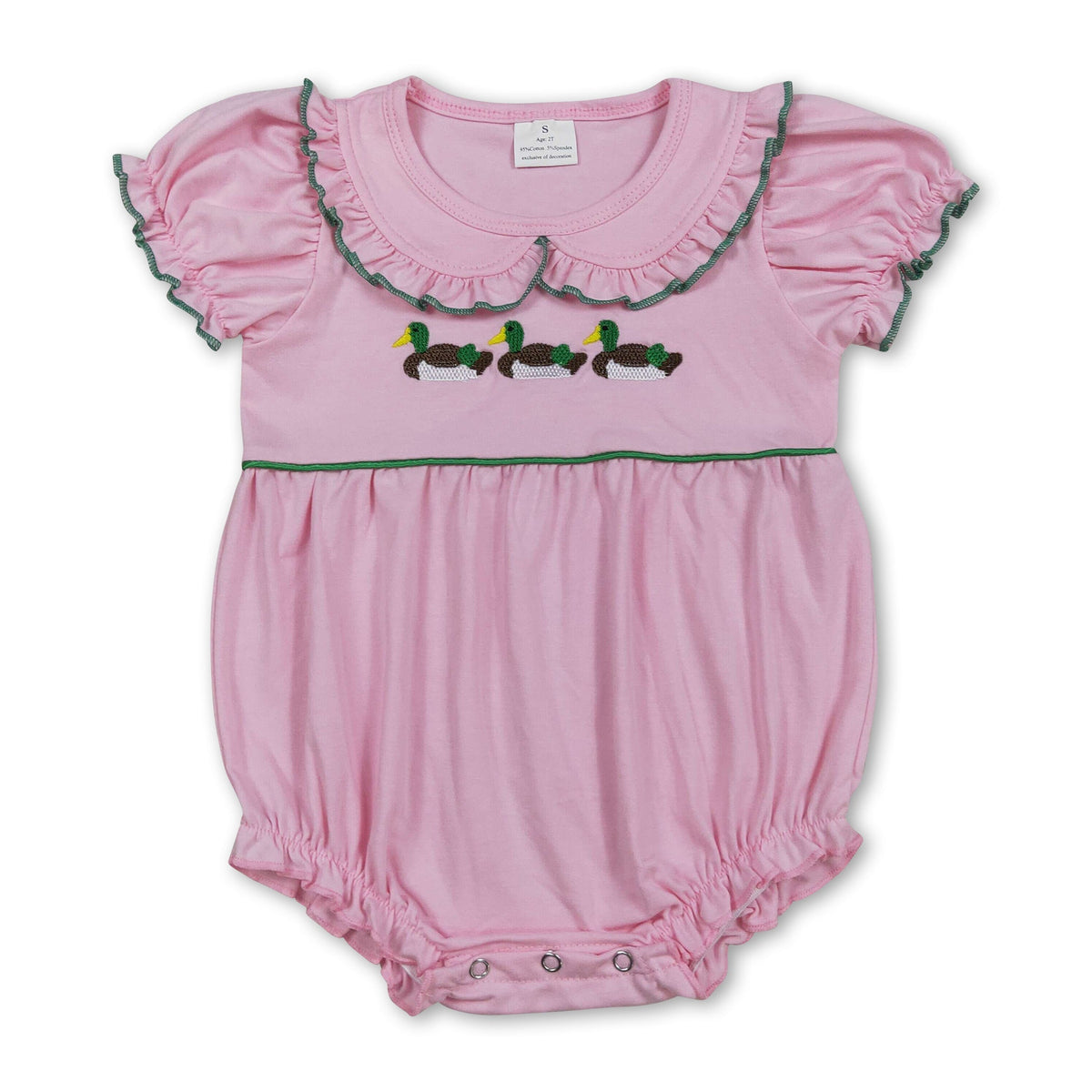 Pink short sleeves duck embroidery baby girls romper