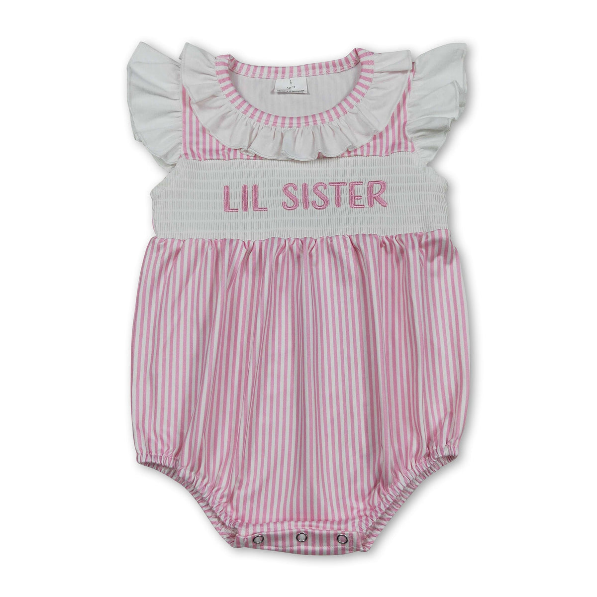 Flutter sleeves LIL SISTER smocked stripe baby romper