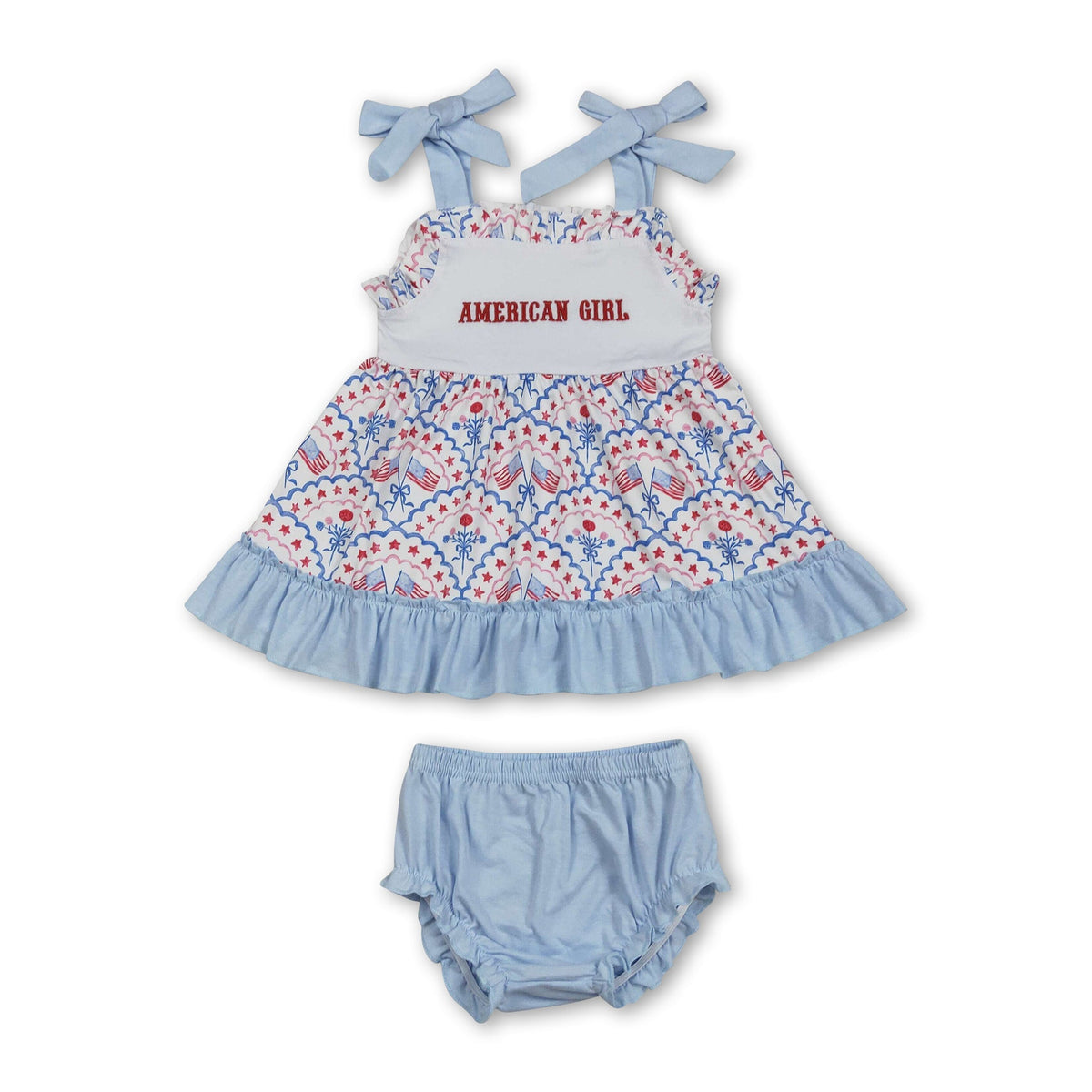 American girl flag floral bow baby girls 4th of july bummies set