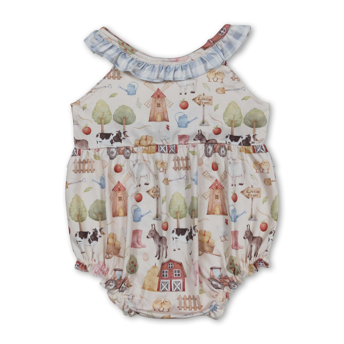 Sleeveless plaid ruffle farm baby girls romper