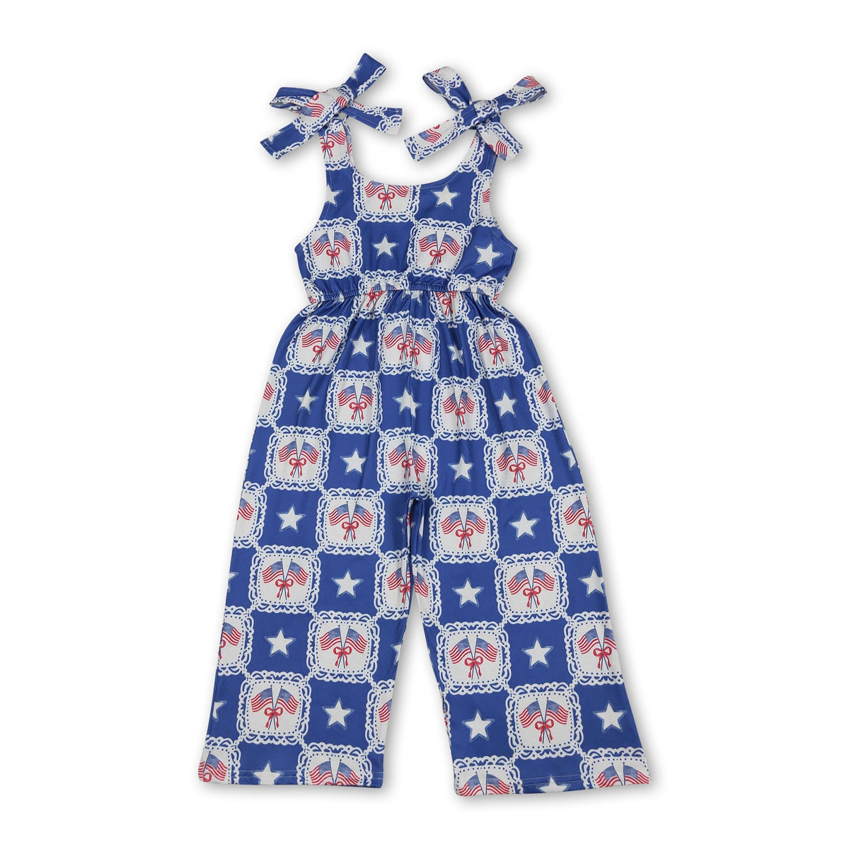 Straps flag bow stars kids girls 4th of july jumpsuit