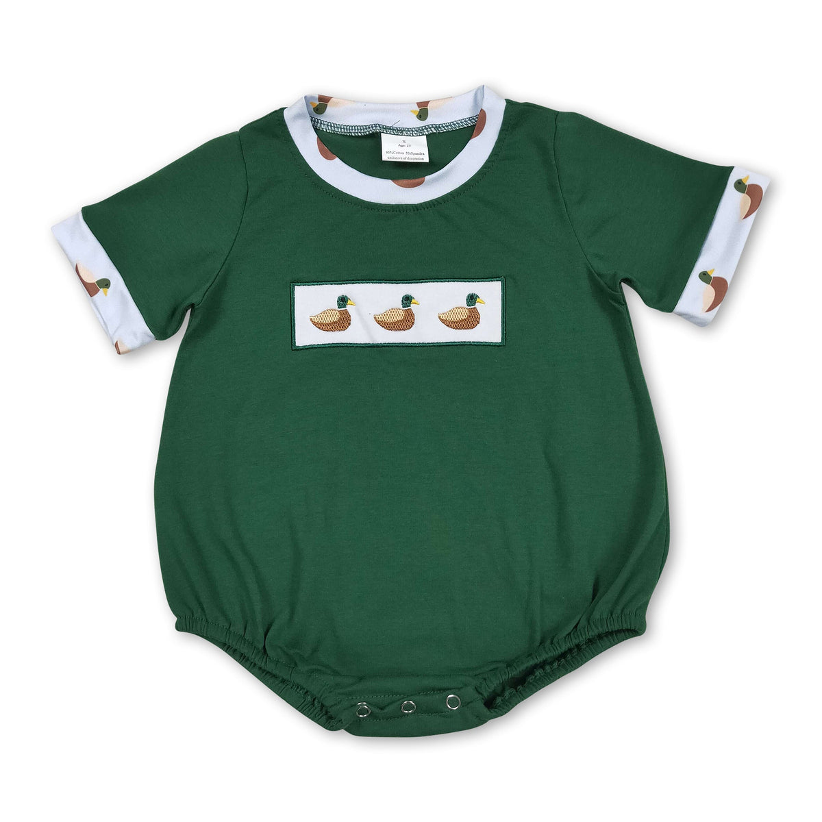 Short sleeves duck embroidery green baby boy summer romper