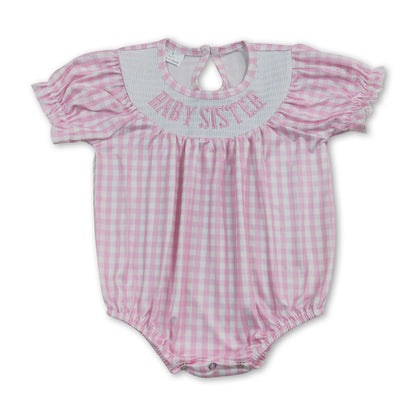 Short sleeves pink plaid baby sister smocked girls romper