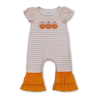 Orange stripe pumpkin bow embroidery girls fall romper