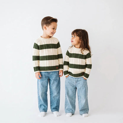 Forest Striped Cable Knit Roll neck Sweater