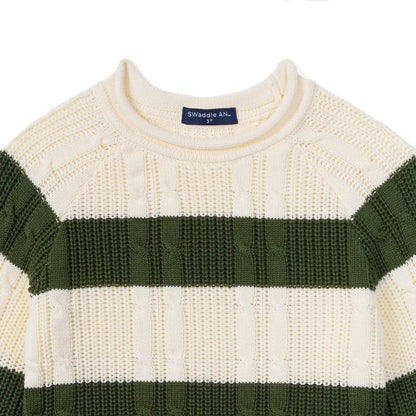 Forest Striped Cable Knit Roll neck Sweater