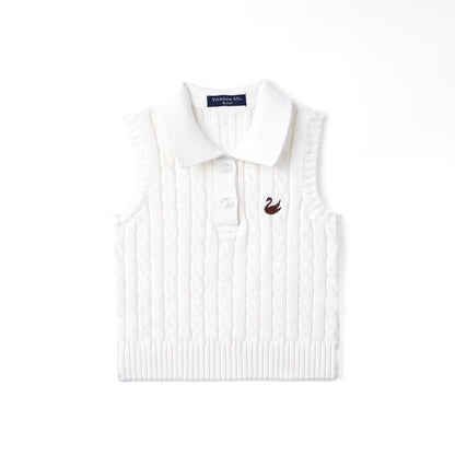 Cable Knit Sleeveless Polo Shirt in White