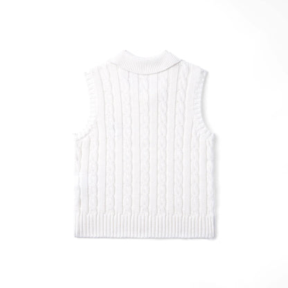 Cable Knit Sleeveless Polo Shirt in White