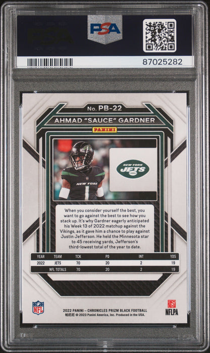 Graded 2022 Panini Chronicles Ahmad Sauce Gardner #PB22 Prizm Black Rookie RC Football Card PSA 10 Gem Mint