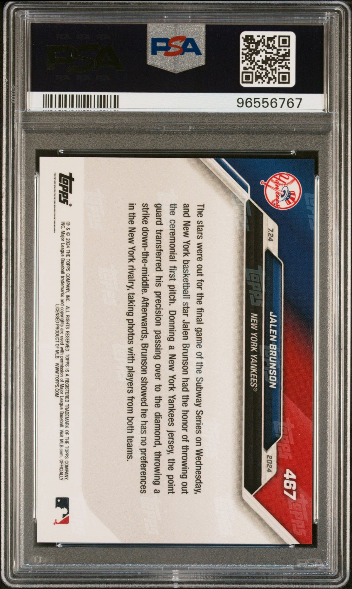 Graded 2024 Topps Now Jalen Brunson #467 Baseball Card PSA 9 Mint