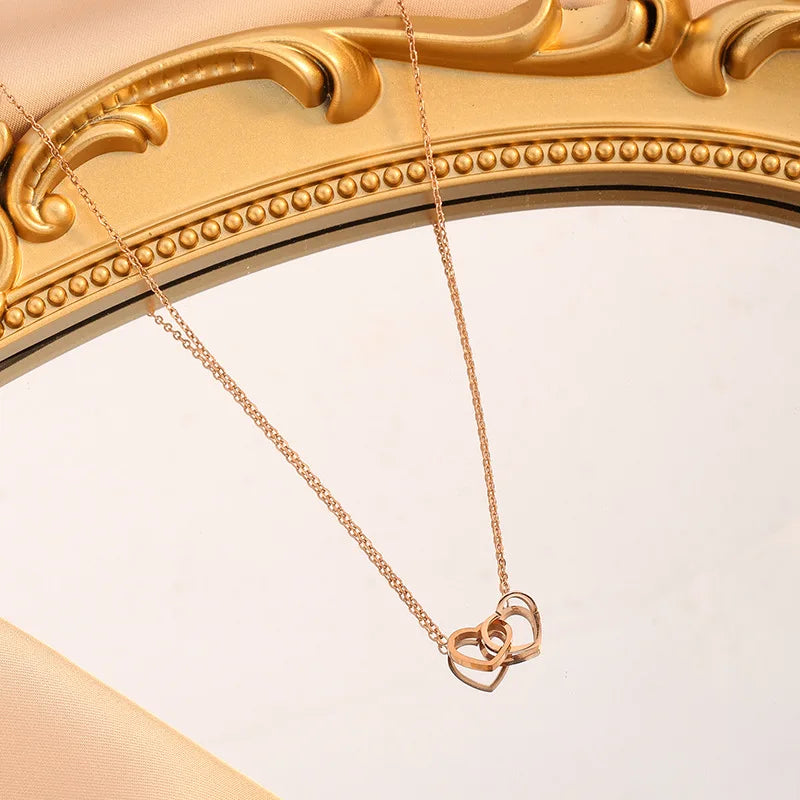 Romantic Double Heart Pendant Necklaces for Women Stainless Steel Charm Choker Necklace Gold Color Wedding Fashion Jewelry