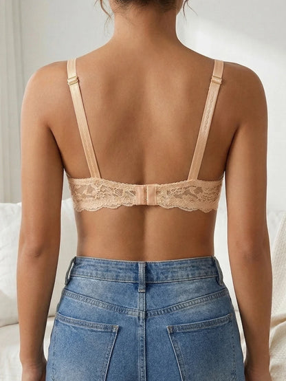 French Women's Lace Trim Push Up Bra Sexy Mesh Underwire Underwear Comfy Thin Padding Floral Lace Lingerie Bra