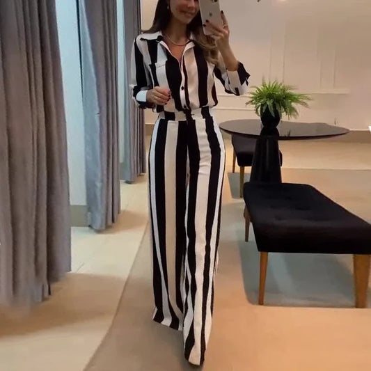 Women Two Pieces Set Striped Long Sleeve Turn Down Collar Shirts Button Wide Leg Pants Suits Regular Elegant Office Lady 2025