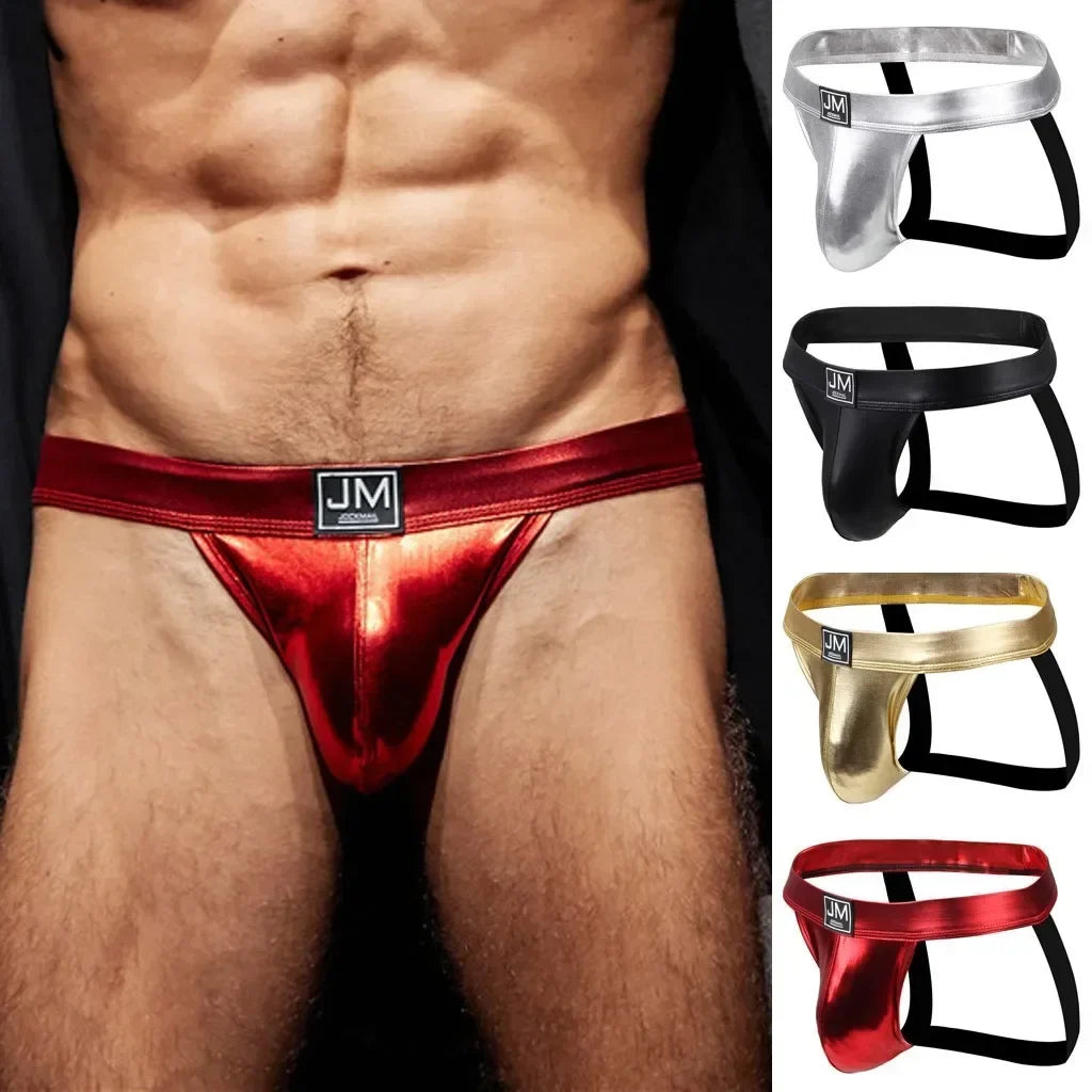PU Leather Jockstrap Men Sexy Gay Underwear Sissy Men's Thong Lingerie Bikini Panochas U Convex Mens Strings Cueca Tangas Slip