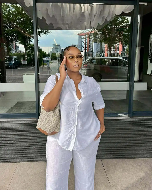 Women Casual Two Piece Pant Set Short Sleeve Turn Down Collar Shirts Top and High Waist Loose Wide Leg Pant Matching Set 2025