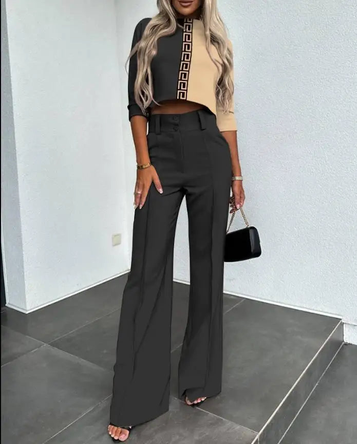 Casual Long Sleeve Shirt Pants Set Office Lady Spring Autumn Fashion