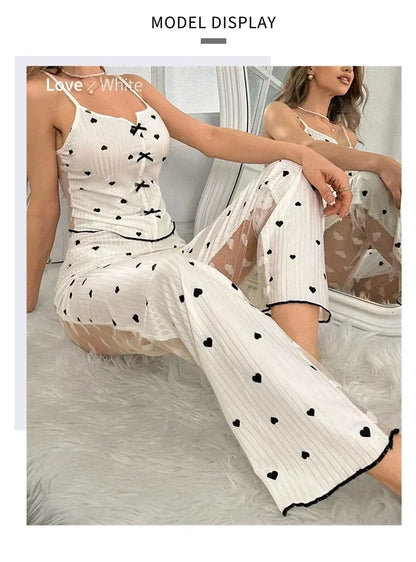 2-Piece Women's Sexy Transparent Mesh Lace Set with Ribbed Printed Strap Top and Pants Home Clothes Pajama Set