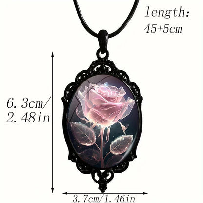 Charm Pink Flower Pendant Necklace Rose Pattern Glass Ellipse - A niche style suitable for Romantic Gifts and Special Occasions