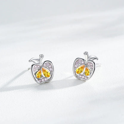 Ailmay Real 925 Sterling Silver Cute Fine Apple Rainbow Zirconia Fruit Stud Earrings For Women Girls Party Accessories Jewelry