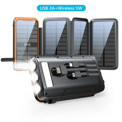 43800mAh Solar Power Bank Quick Wireless Charger External Battery Pack PD 20W Powerbank Built Cables LED Light for iPhone Xiaomi